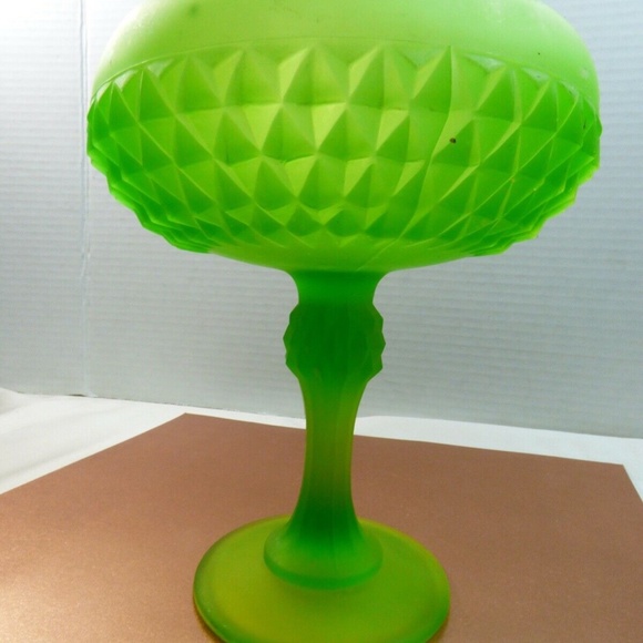 Indiana Glass Candy Dish Pedestal Bowl Green Footed Frosted Diamond Point - Picture 3 of 10